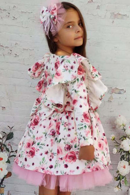 Girl's Floral Printed Ruffled Shoulder Tulle White Dress