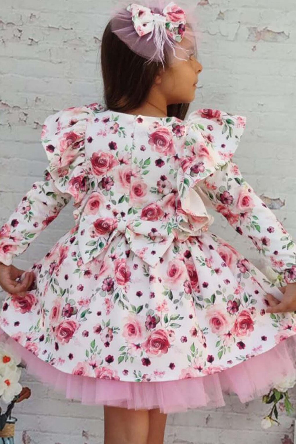 Girl's Floral Printed Ruffled Shoulder Tulle White Dress