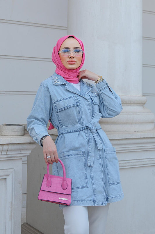 Stone Belted Denim Jacket on Collar and Pockets Ice Blue