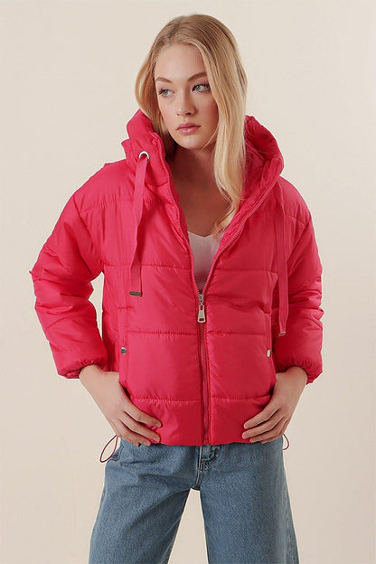 Women's Vivid Pink Hooded Waist Drawstring Puffer Coat HZL22W-BD151171