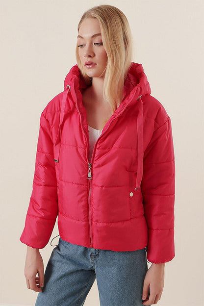 Women's Vivid Pink Hooded Waist Drawstring Puffer Coat HZL22W-BD151171