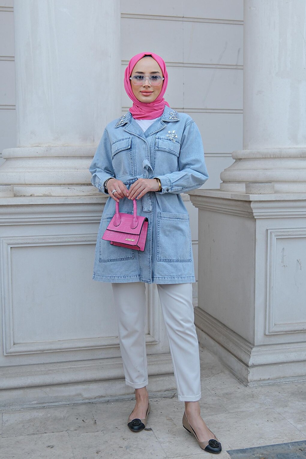 Stone Belted Denim Jacket on Collar and Pockets Ice Blue