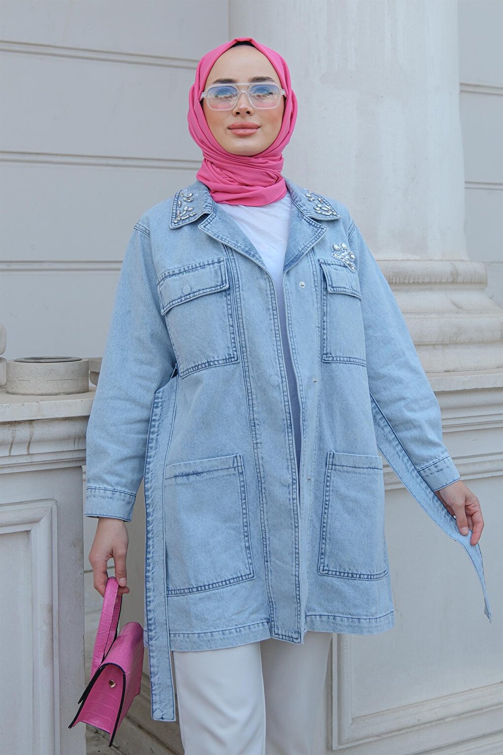 Stone Belted Denim Jacket on Collar and Pockets Ice Blue