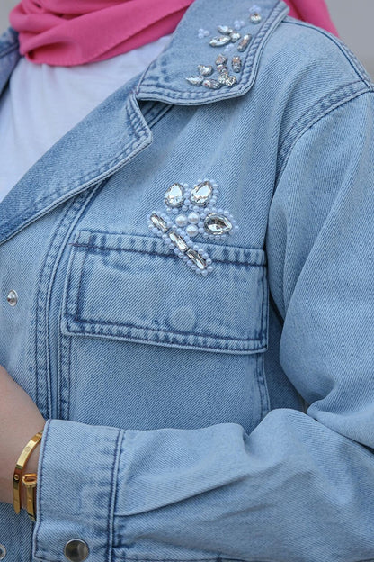 Stone Belted Denim Jacket on Collar and Pockets Ice Blue