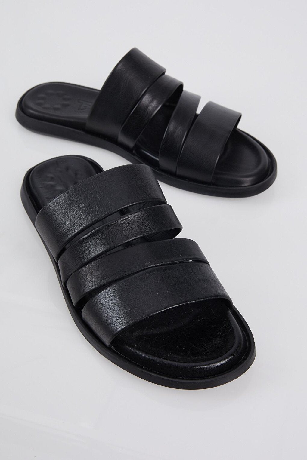 Men's Black Banded Comfortable Genuine Leather Slippers