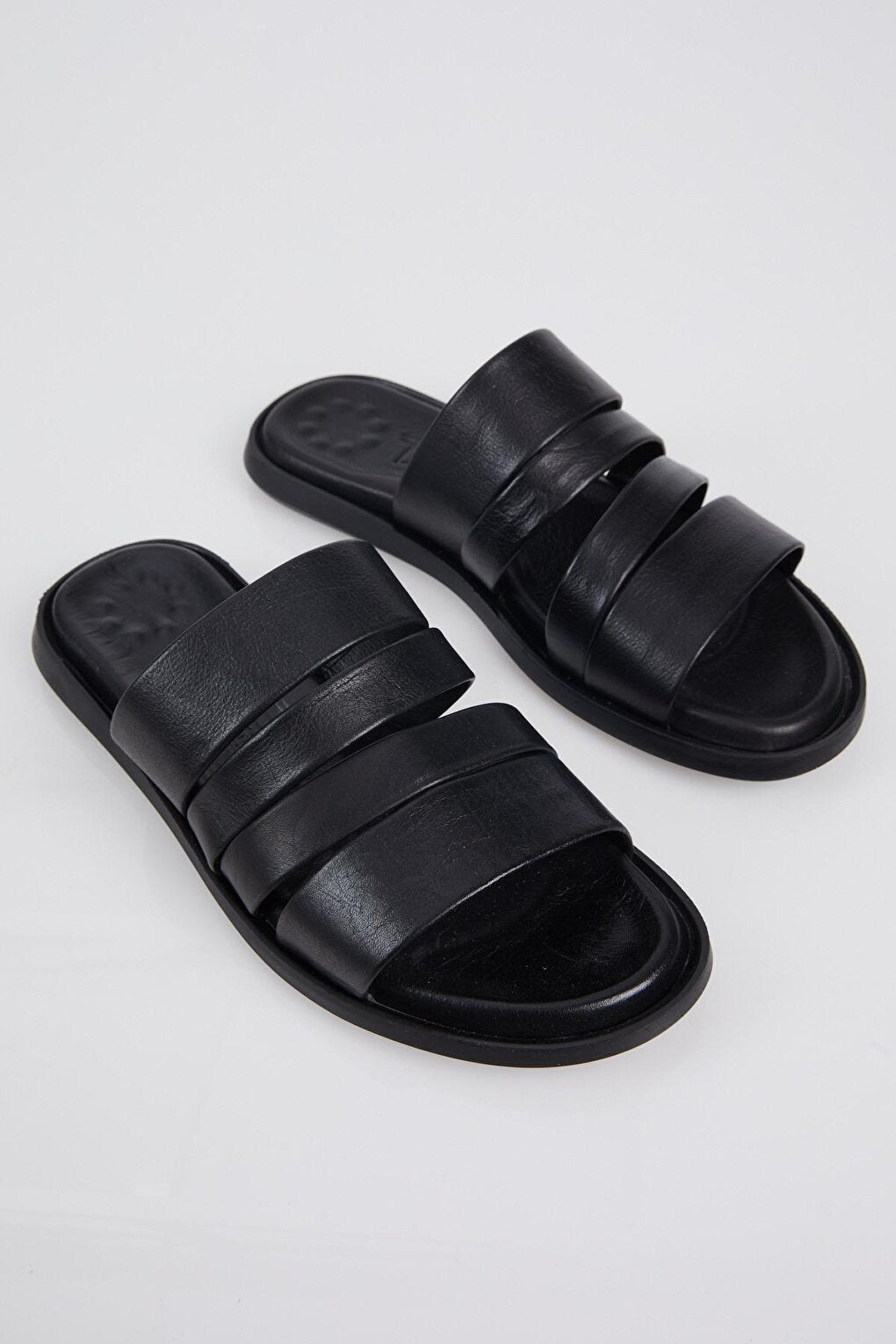 Men's Black Banded Comfortable Genuine Leather Slippers