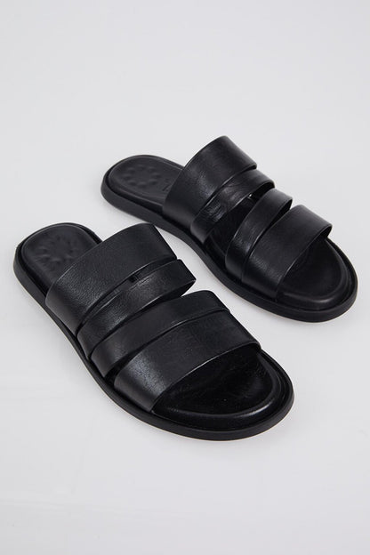 Men's Black Banded Comfortable Genuine Leather Slippers