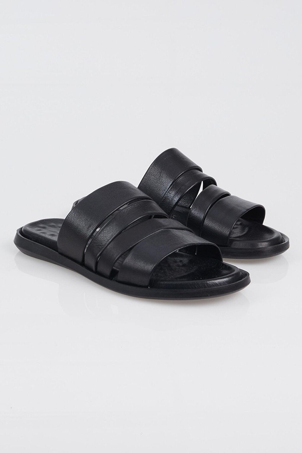 Men's Black Banded Comfortable Genuine Leather Slippers