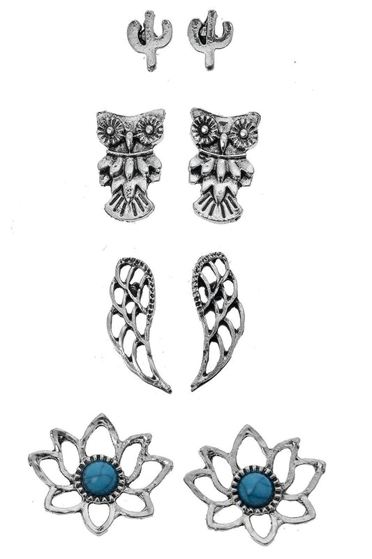 Set of 4 Pairs of Wing Owl Earrings