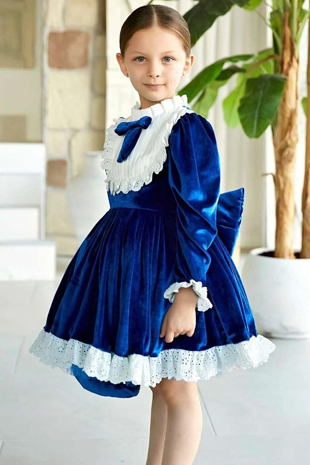 Girl's New Transparent Detailed Sleeves Blue Velvet Dress with Polka Dots