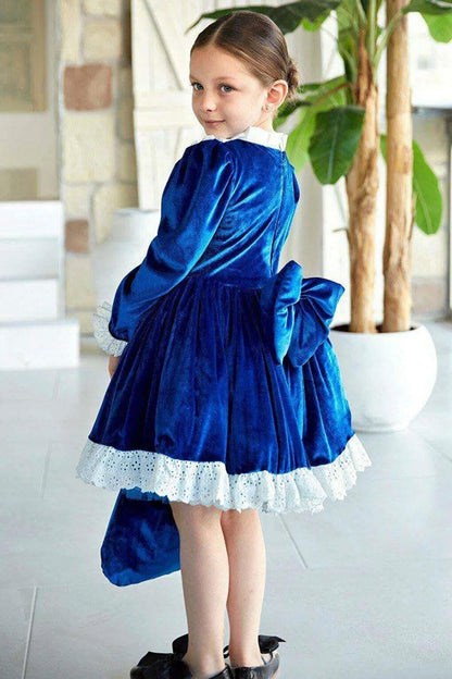 Girl's New Transparent Detailed Sleeves Blue Velvet Dress with Polka Dots