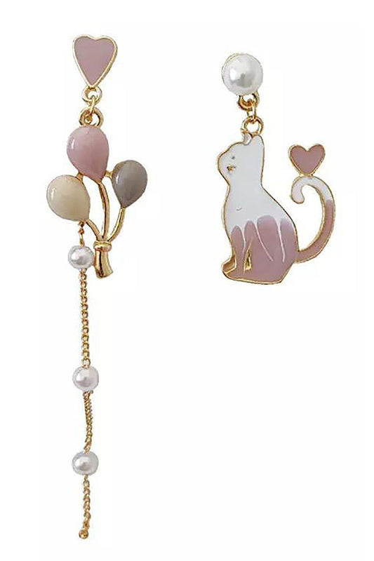 Cat and Balloon Asymmetrical Fun Earrings