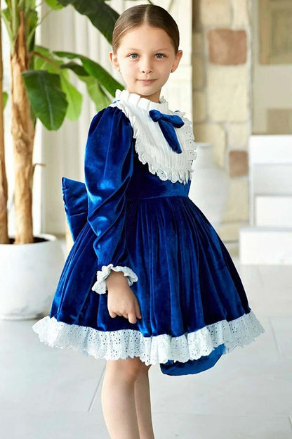 Girl's New Transparent Detailed Sleeves Blue Velvet Dress with Polka Dots