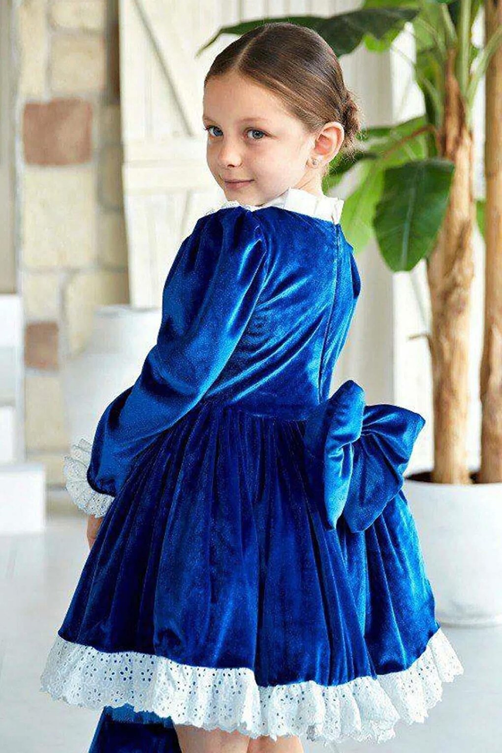 Girl's New Transparent Detailed Sleeves Blue Velvet Dress with Polka Dots