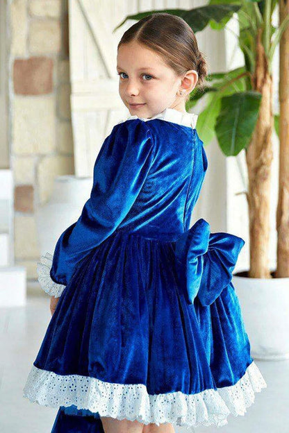 Girl's New Transparent Detailed Sleeves Blue Velvet Dress with Polka Dots