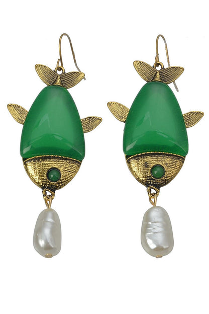 Green Stone Fish Earrings with Pearls