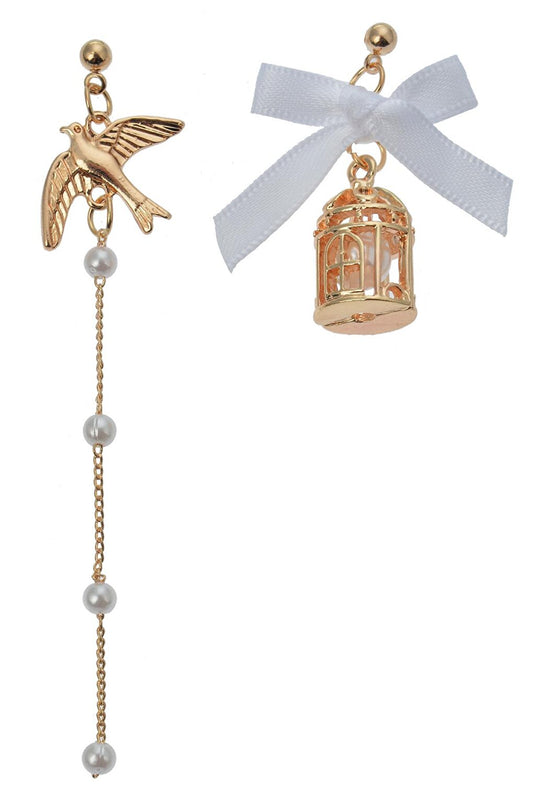 Pearl Bird and Cage Asymmetric Earrings