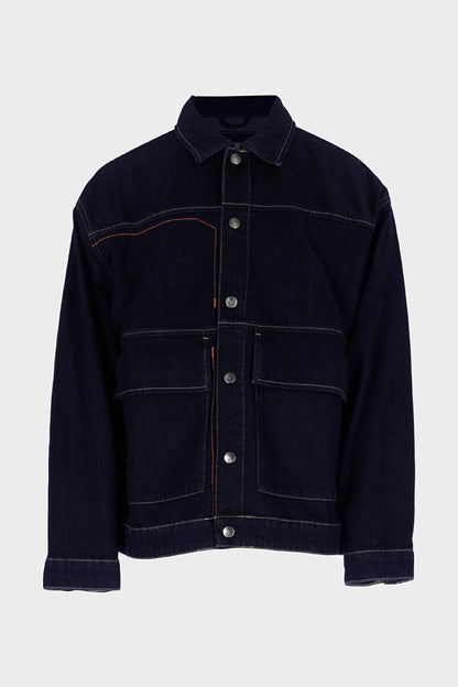 Men's Dark Blue Jean Jacket with Top-Attached Pockets