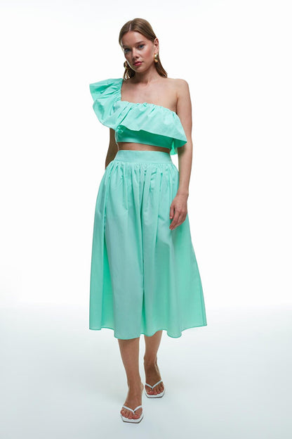 High Waist Pleated Detailed Midi Skirt Mint