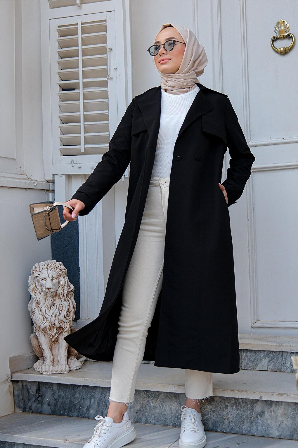 Double Breasted Collar Trench Coat Black