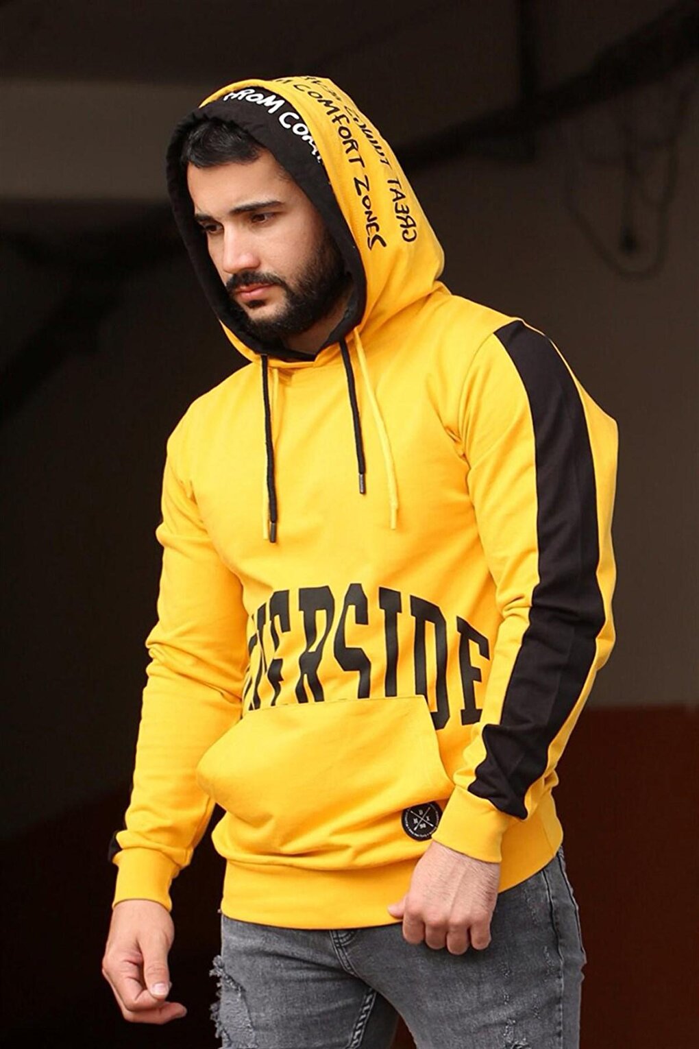 Yellow Printed Double Hooded Sweatshirt 4094