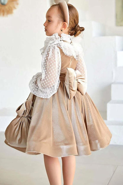 Girl's New Transparent Detailed Sleeves Polka Dot Beige Velvet Dress