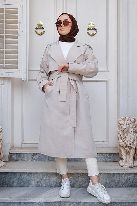 Double Breasted Collar Trench Coat with Pleated Sleeves Light Gray