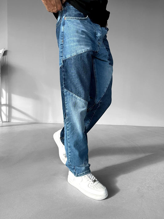 Baggy Fit Patched Jean Trousers Blue