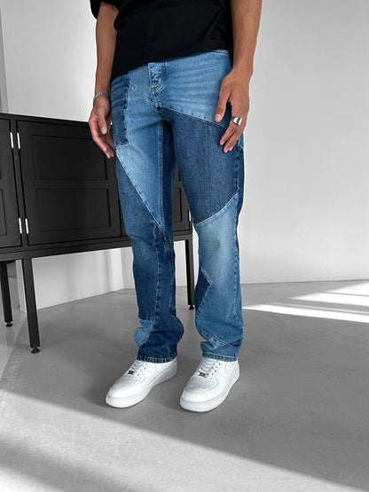 Baggy Fit Patched Jean Trousers Blue