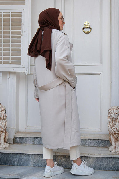 Double Breasted Collar Trench Coat with Pleated Sleeves Light Gray