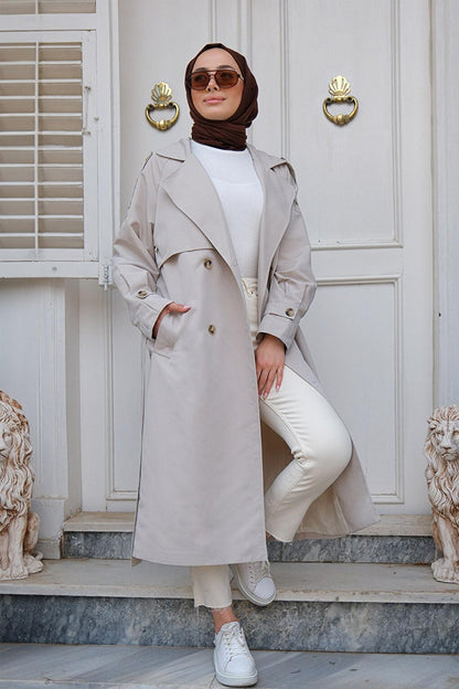 Double Breasted Collar Trench Coat with Pleated Sleeves Light Gray