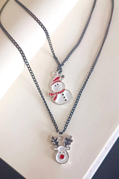 New Year's Necklace Set 2 Pack with Deer and Snowman Figures