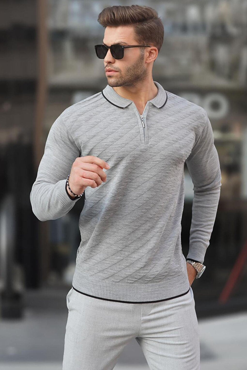 Gray Zippered Men's Knitwear Sweater 6824