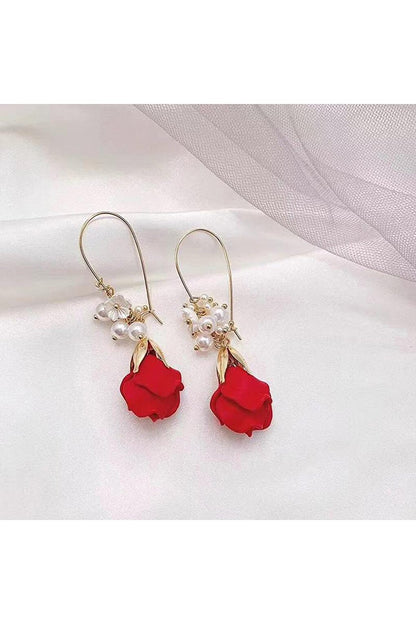 Red Flower Design Earrings with Pearls