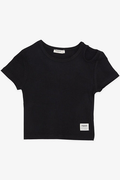 Girl's Crop T-Shirt Off Shoulder Detailed Ribbed Black (Age 9-14)