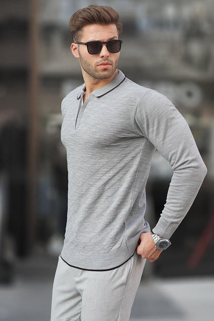 Gray Zippered Men's Knitwear Sweater 6824