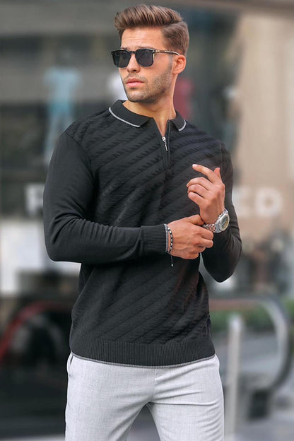 Black Zippered Men's Knitwear Sweater 6824