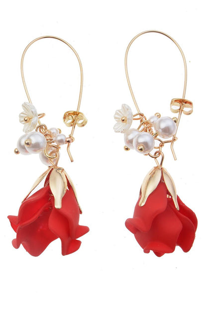 Red Flower Design Earrings with Pearls