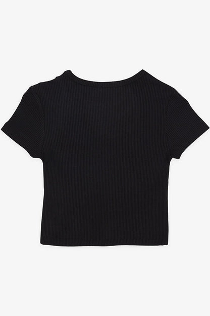 Girl's Crop T-Shirt Off Shoulder Detailed Ribbed Black (Age 9-14)