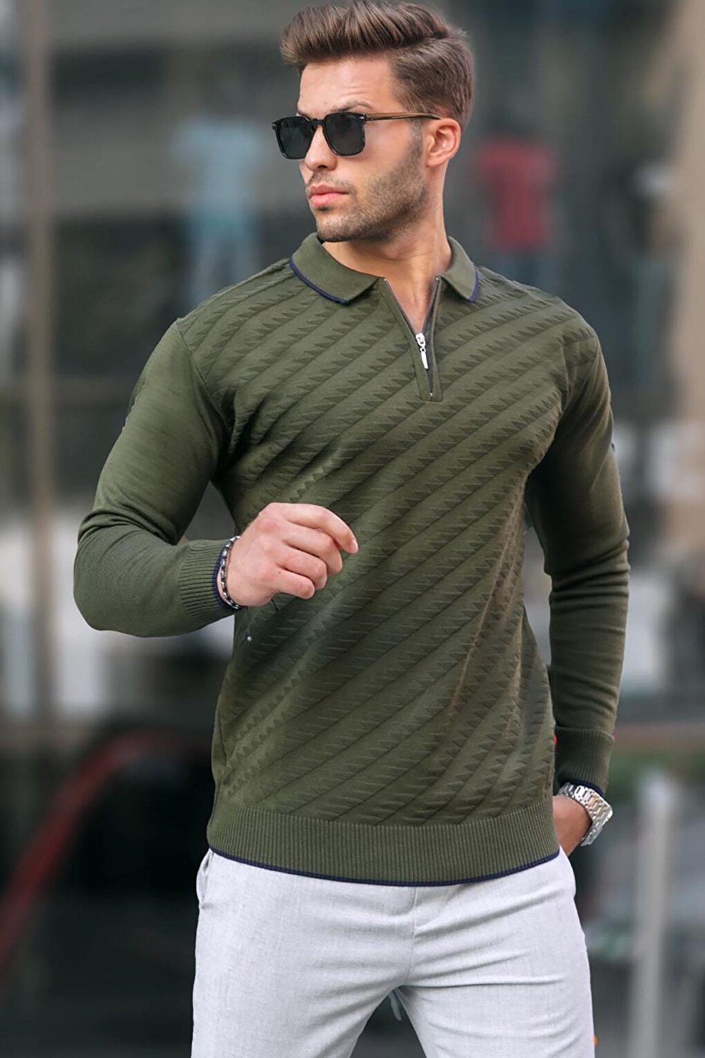 Khaki Zippered Men's Knitwear Sweater 6824