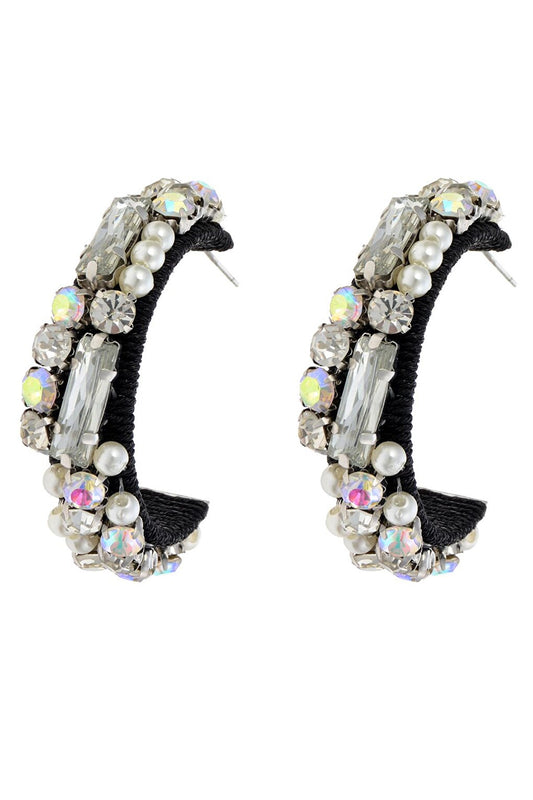 Crystal and pearl embroidered hoop earrings