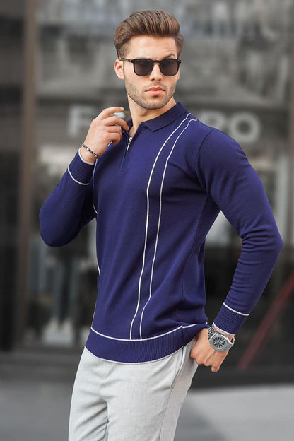 Navy Blue Zippered Polo Neck Knitwear Men's Sweater 6823