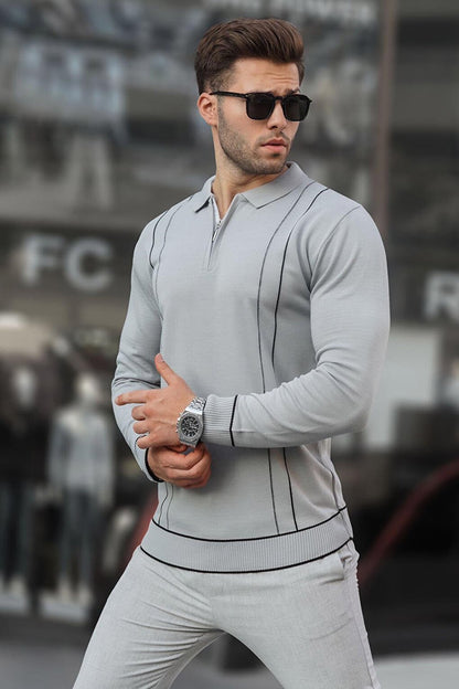 Gray Zippered Polo Neck Knitwear Men's Sweater 6823