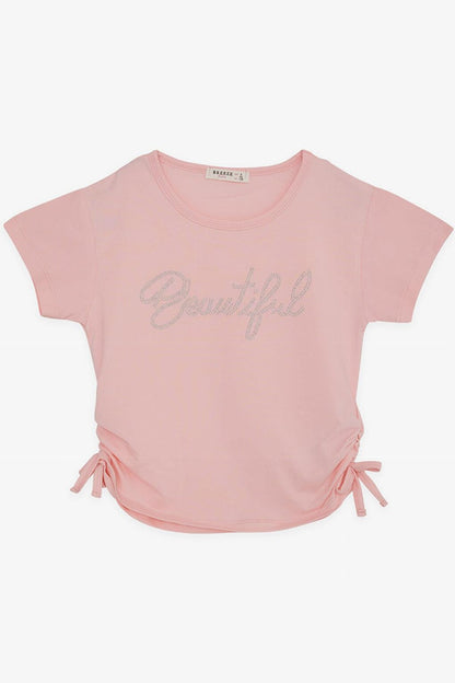 Girl's Crop T-Shirt with Stone Printed Side Gathered Bow and Pink (8-14 Years)