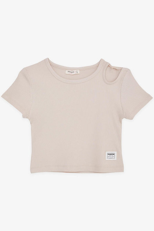 Girl's Crop T-Shirt Off Shoulder Detailed Corduroy Beige (Ages 9-14)