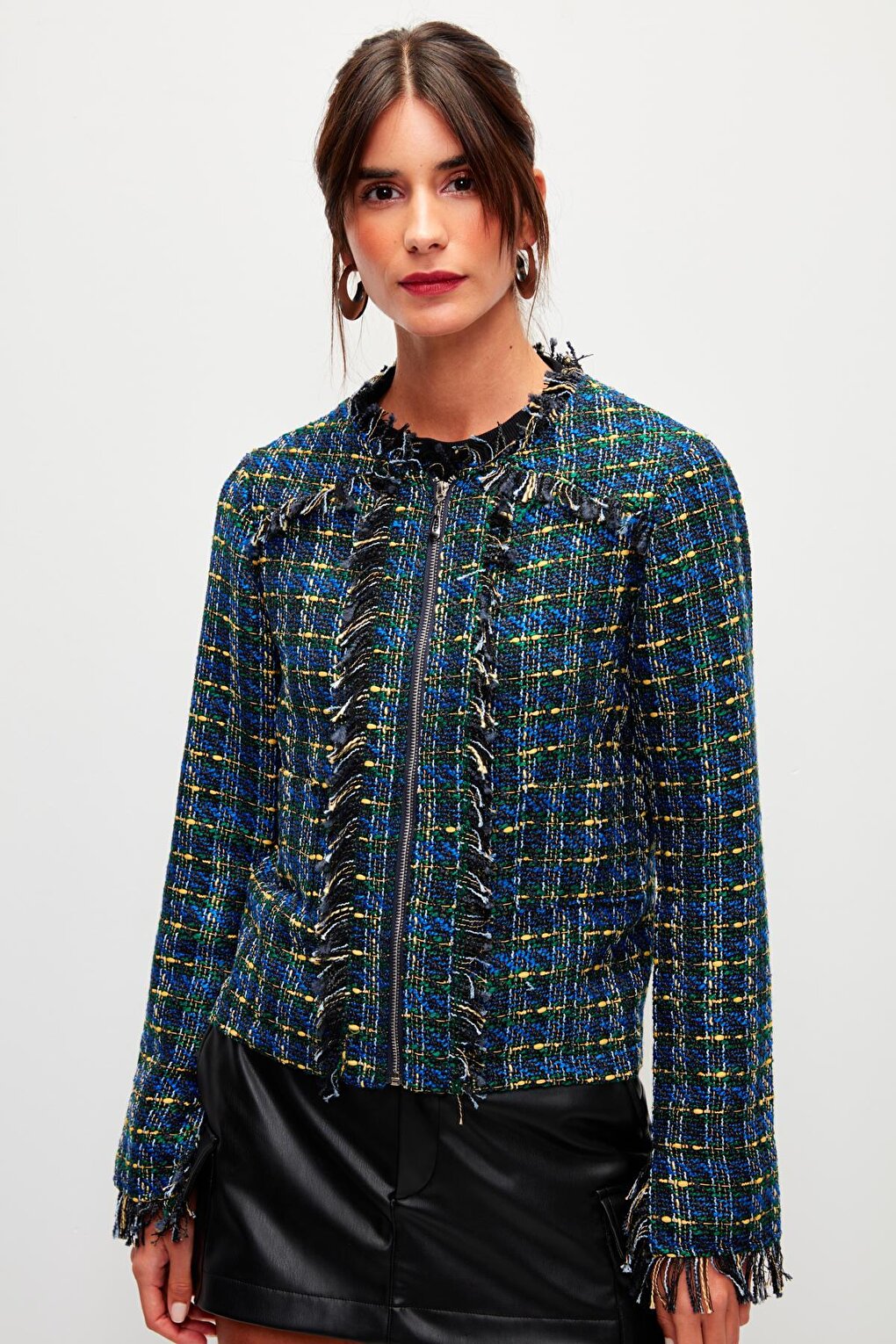 Dark Green Long Sleeve Tweed Zipper Jacket