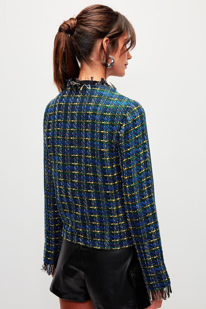 Dark Green Long Sleeve Tweed Zipper Jacket