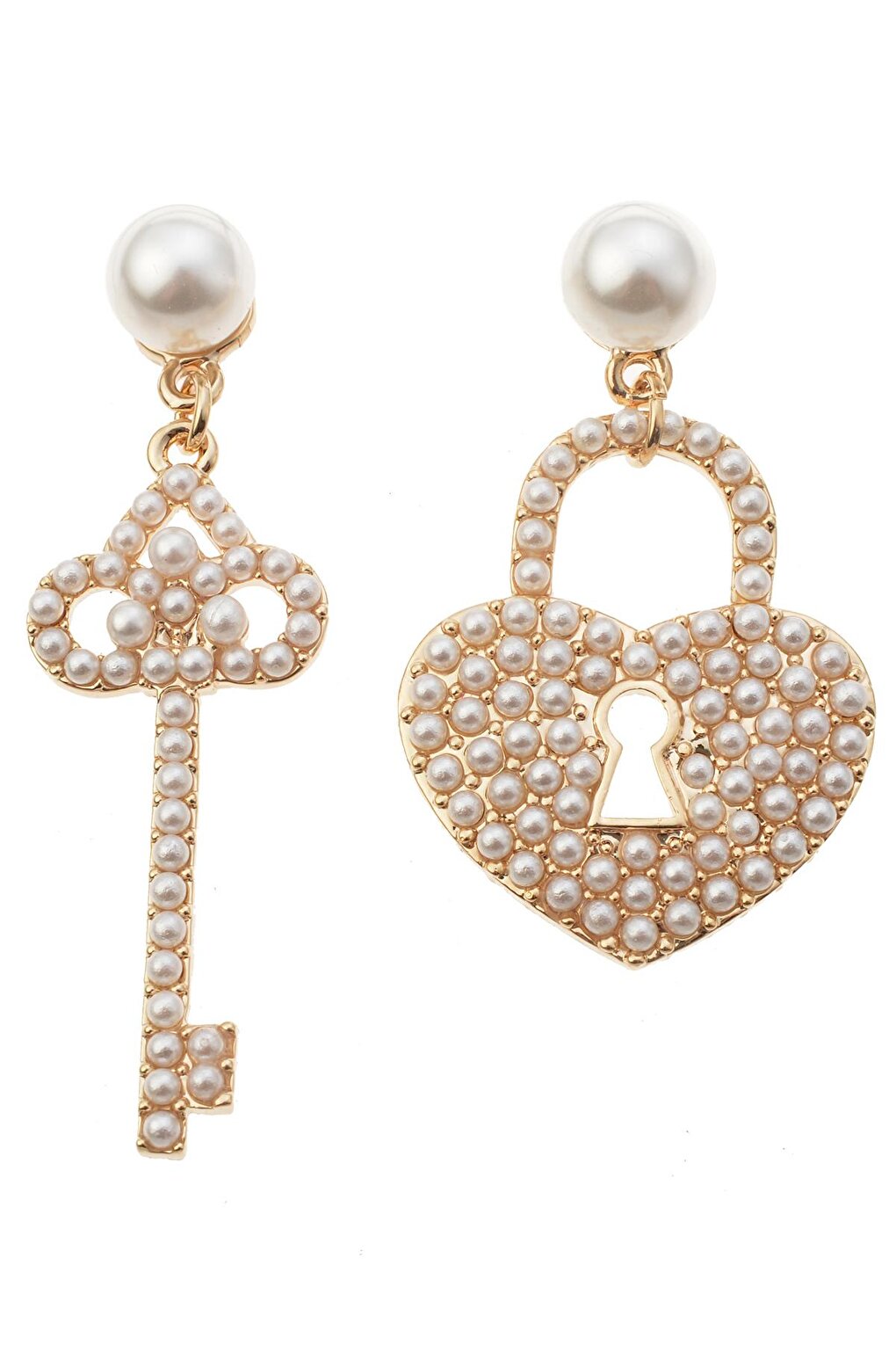 Pearl Heart Key Lock Earring