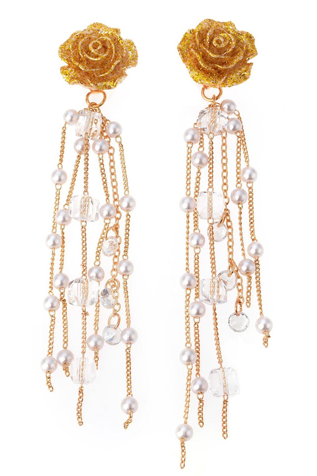 Gold Flower Earrings with Pearl and Crystal Fringes