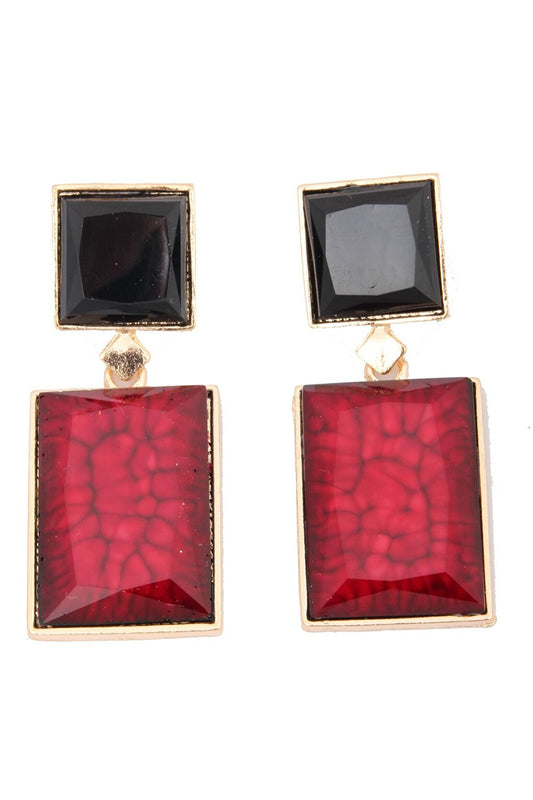 Claret Red Rectangular Stone Earrings